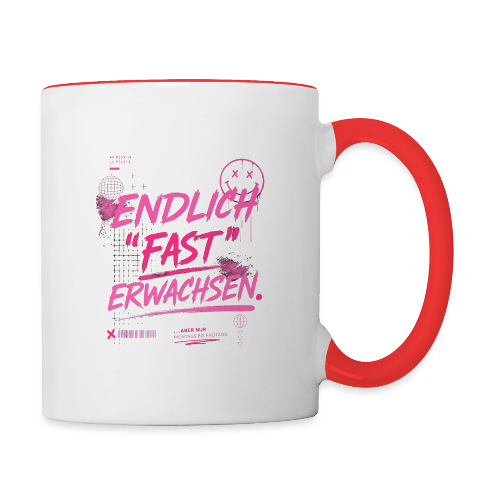 Tasse zweifarbig mit Statement "fast Erwachsen pink" - Weiß/Rot