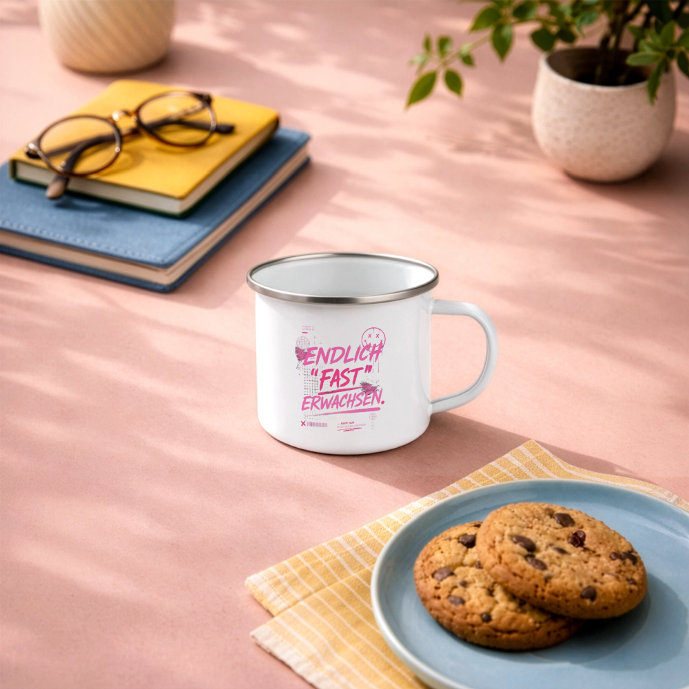 Emaille Becher ,Statement "fast Erwachsen pink" - Weiß