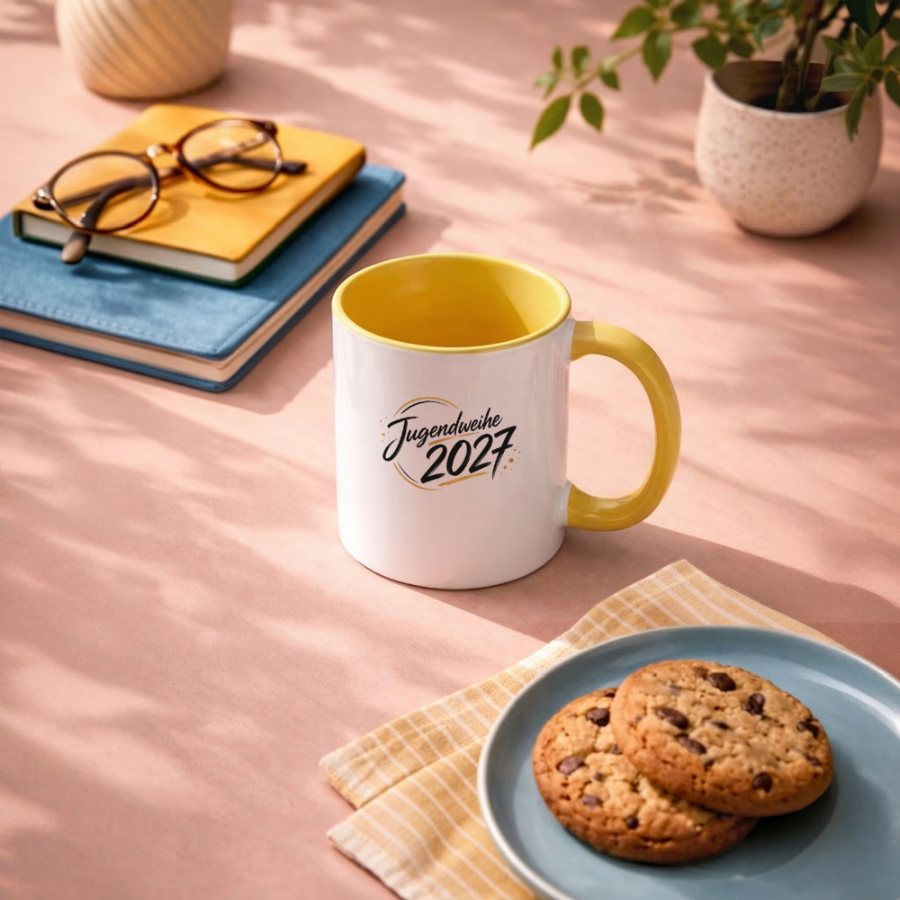 Tasse zweifarbig mit Jahreslogo 2027 - Weiß/Gelb