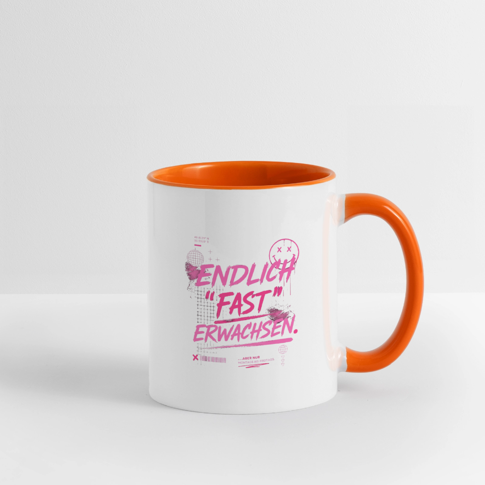 Tasse zweifarbig mit Statement "fast Erwachsen pink" - Weiß/Orange