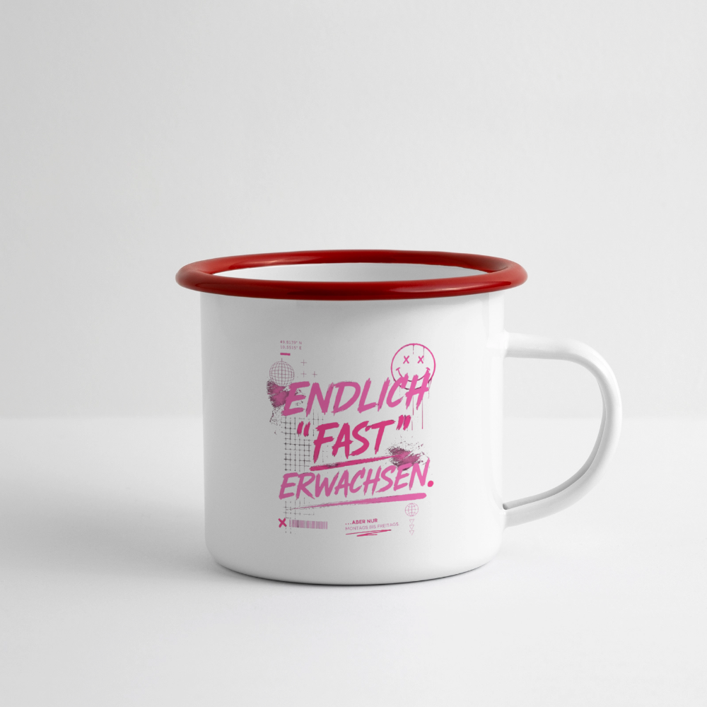Emaille Becher ,Statement "fast Erwachsen pink" - Weiß/Rot