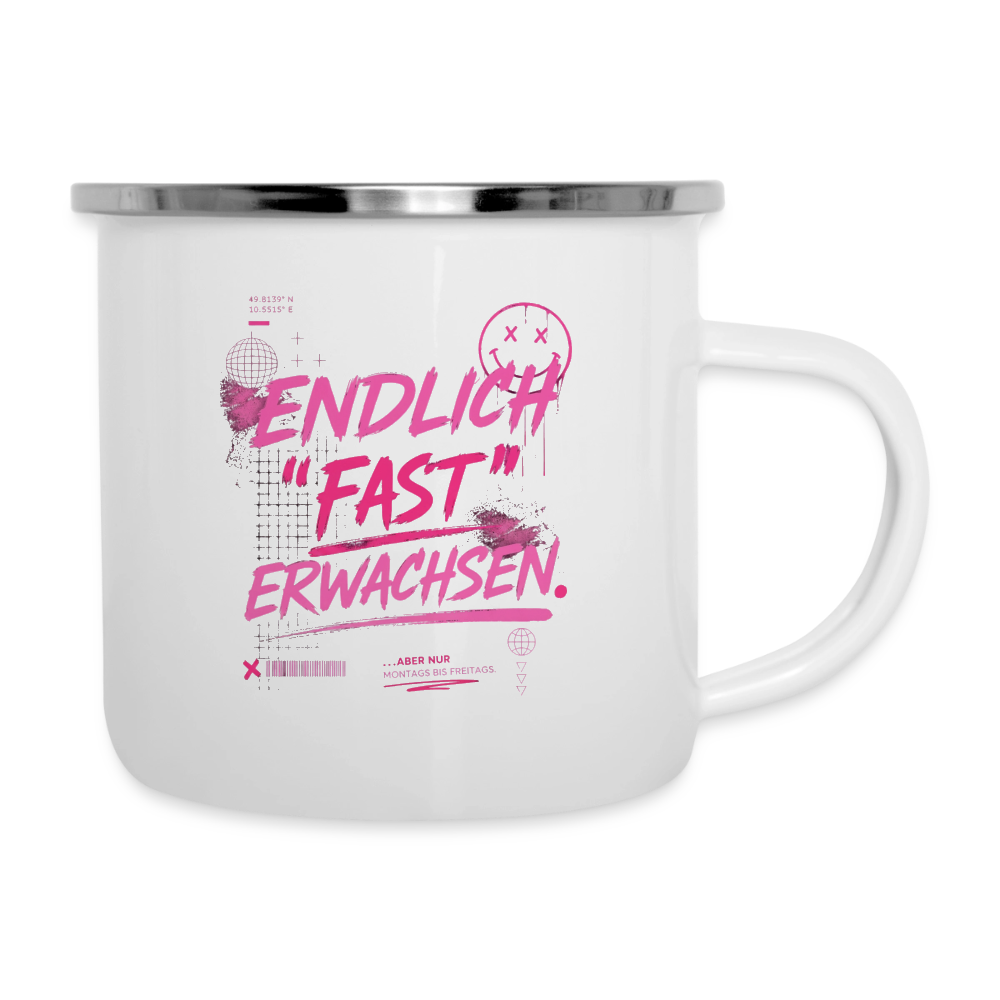 Emaille Becher ,Statement "fast Erwachsen pink" - Weiß
