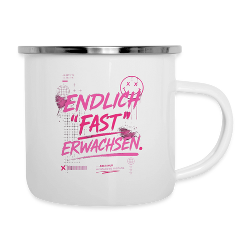 Emaille Becher ,Statement "fast Erwachsen pink" - Weiß