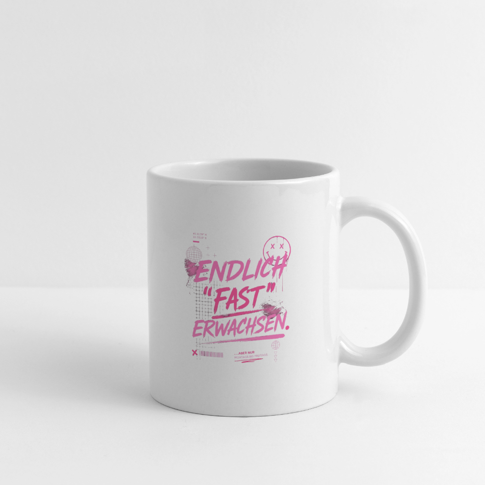 Jugendweihe Becher Statement "fast Erwachsen pink" - Weiß