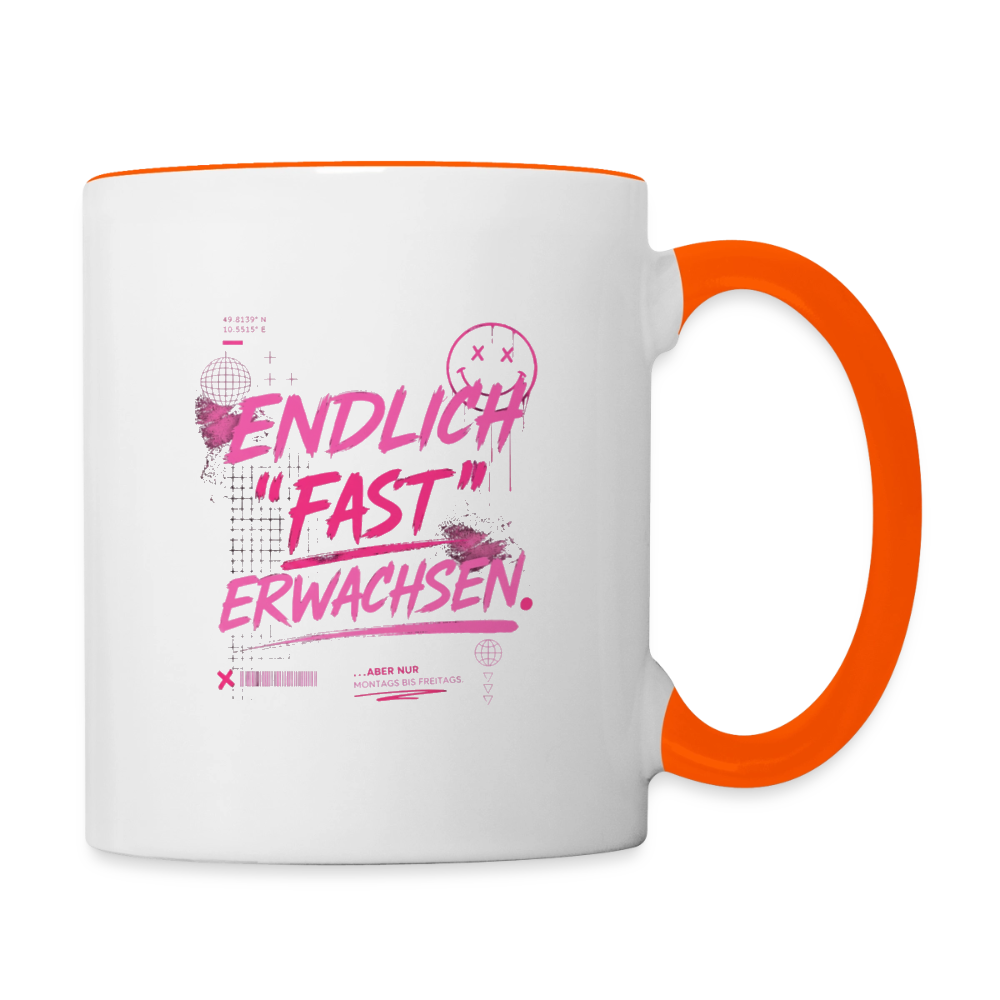 Tasse zweifarbig mit Statement "fast Erwachsen pink" - Weiß/Orange