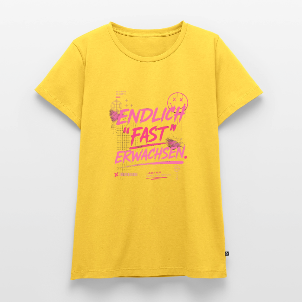 Frauen Premium T-Shirt nachhaltig "fast Erwachsen pink" - Sonnengelb