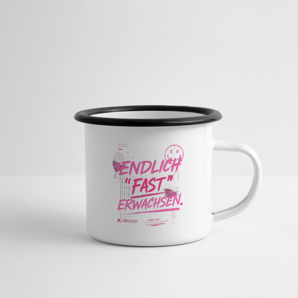 Emaille Becher ,Statement "fast Erwachsen pink" - Weiß/Schwarz
