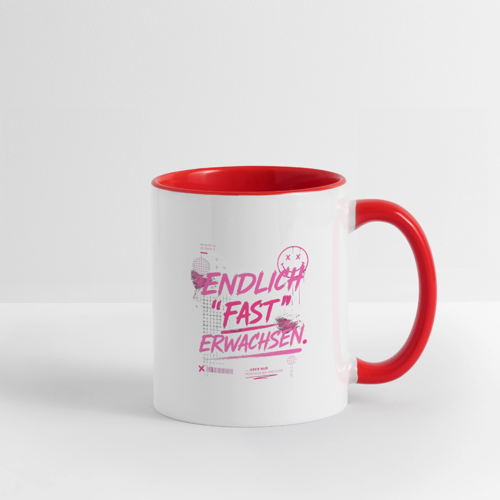 Tasse zweifarbig mit Statement "fast Erwachsen pink" - Weiß/Rot