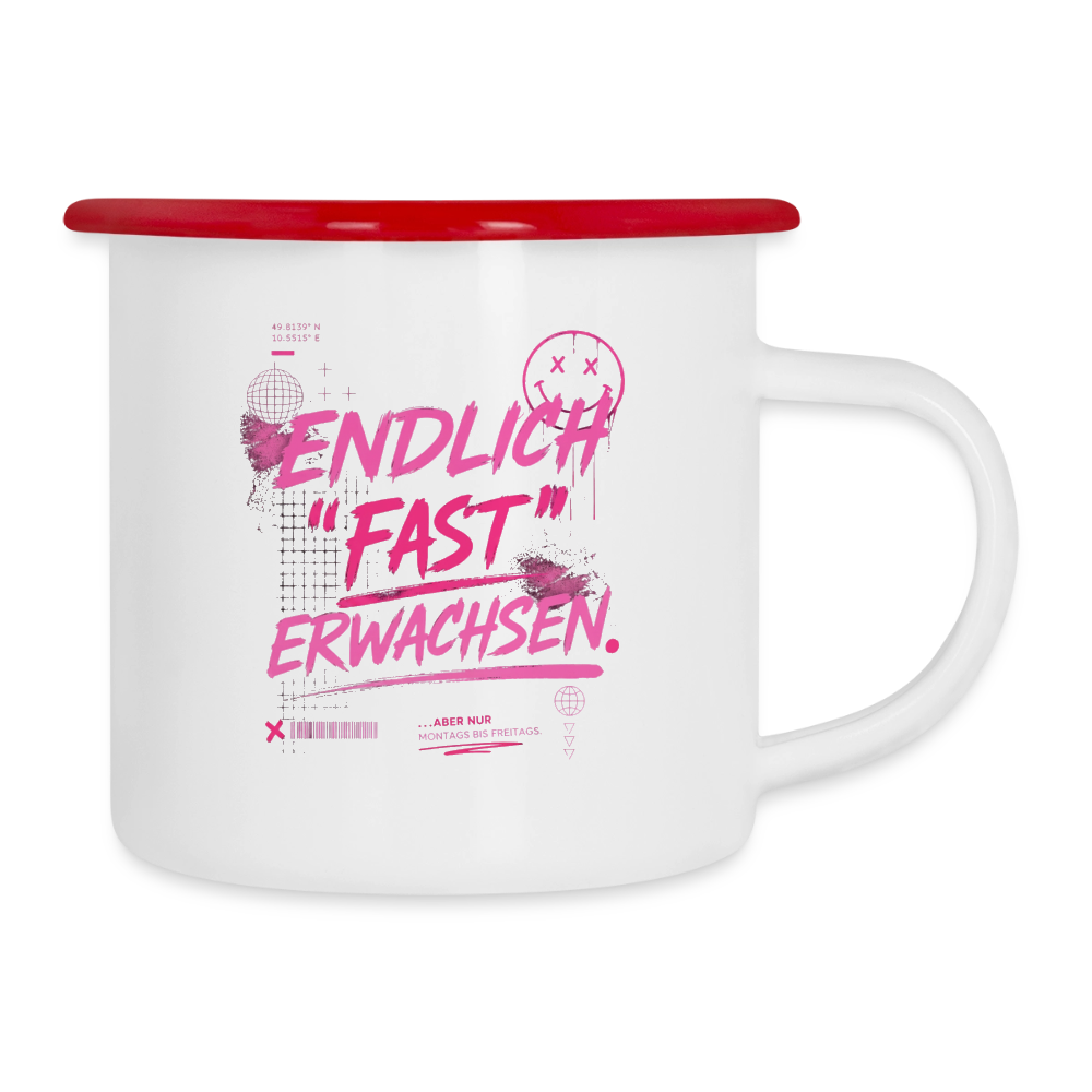 Emaille Becher ,Statement "fast Erwachsen pink" - Weiß/Rot