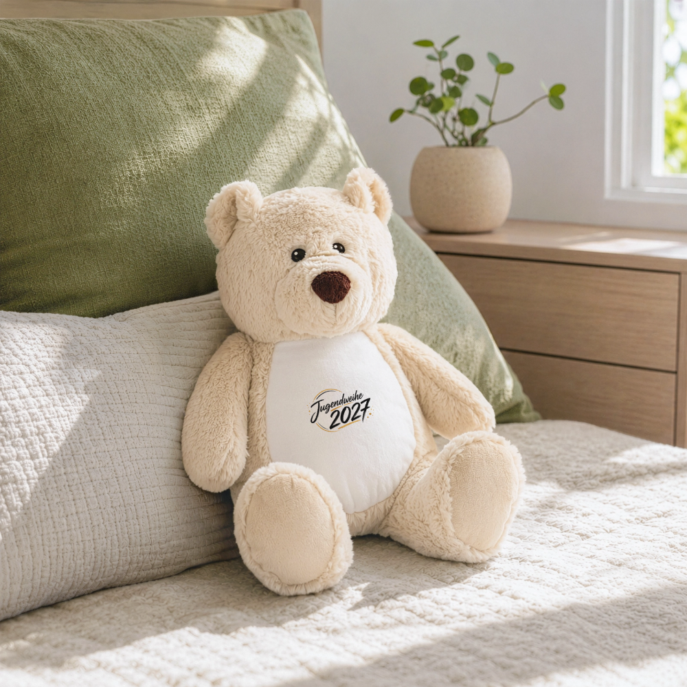 Plüschtier Teddy 32 cm mit Jahreslogo 2027 - Weiß/Mittelbraun