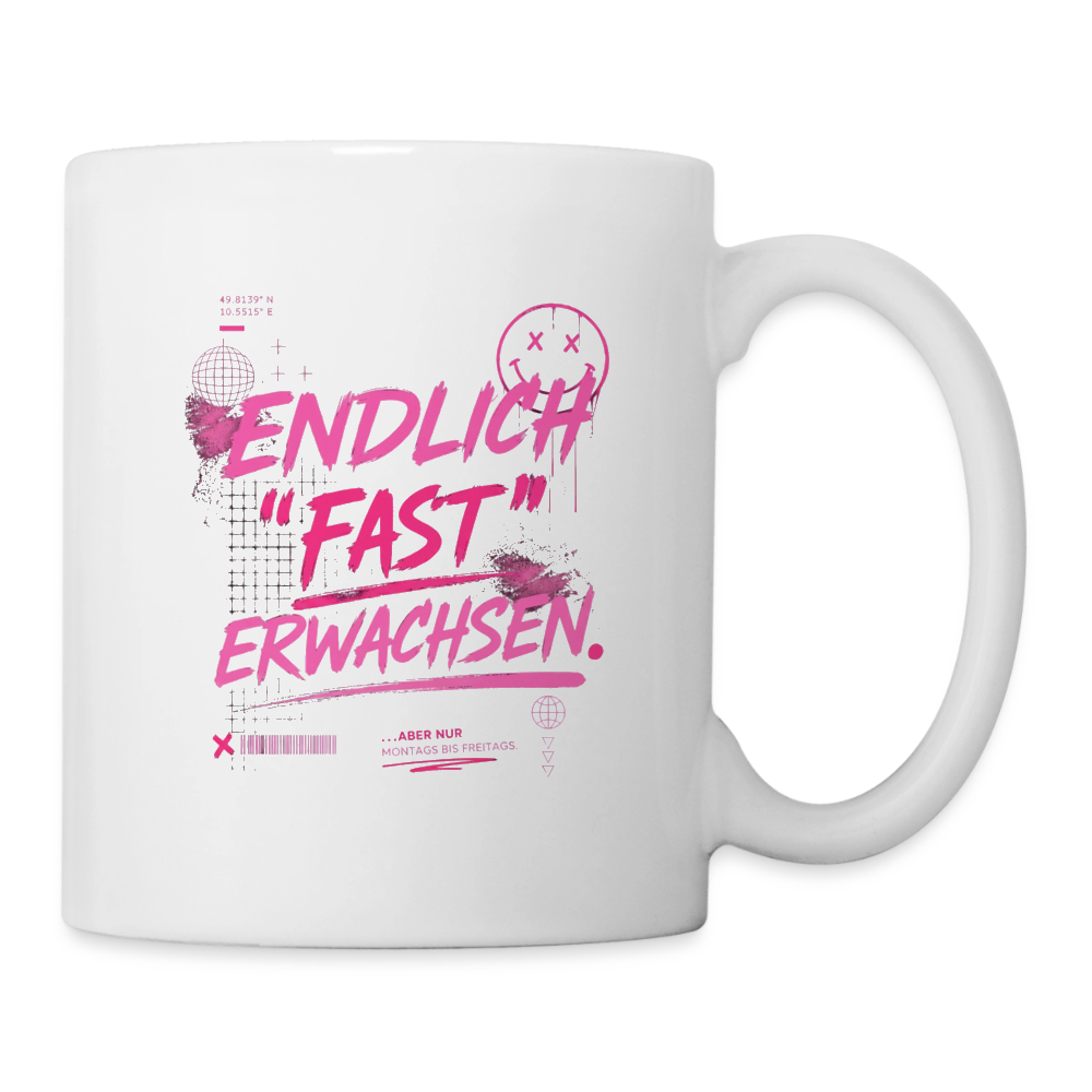 Jugendweihe Becher Statement "fast Erwachsen pink" - Weiß