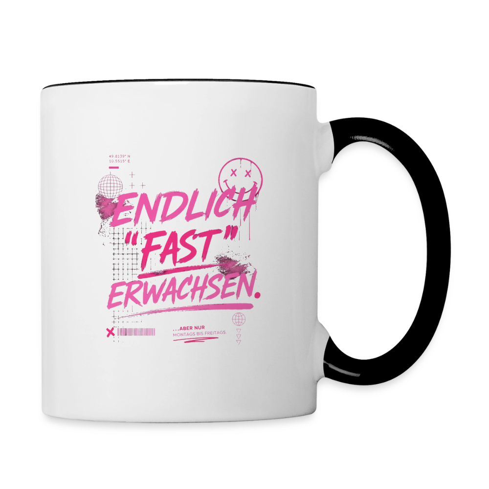 Tasse zweifarbig mit Statement "fast Erwachsen pink" - Weiß/Schwarz