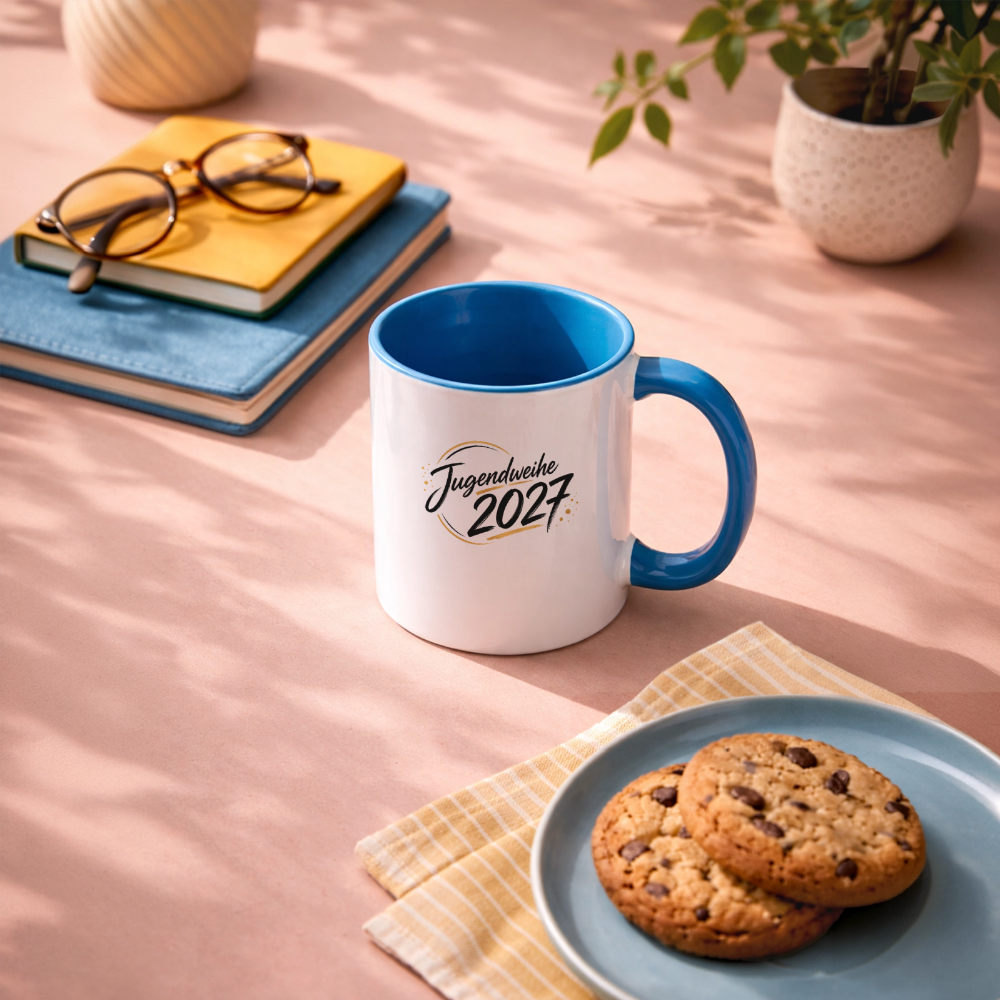 Tasse zweifarbig mit Jahreslogo 2027 - Weiß/Hellblau