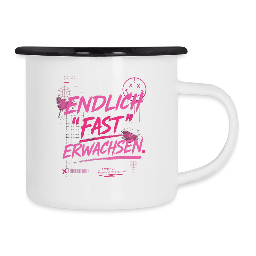 Emaille Becher ,Statement "fast Erwachsen pink" - Weiß/Schwarz