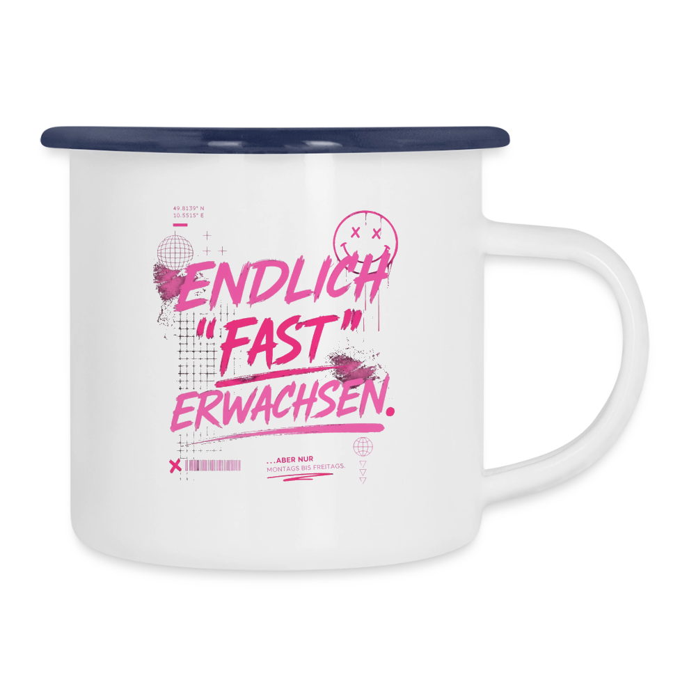 Emaille Becher ,Statement "fast Erwachsen pink" - Weiß/Blau
