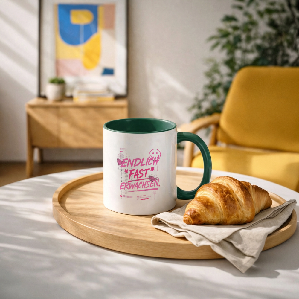 Tasse zweifarbig mit Statement "fast Erwachsen pink" - Weiß/Dunkelgrün