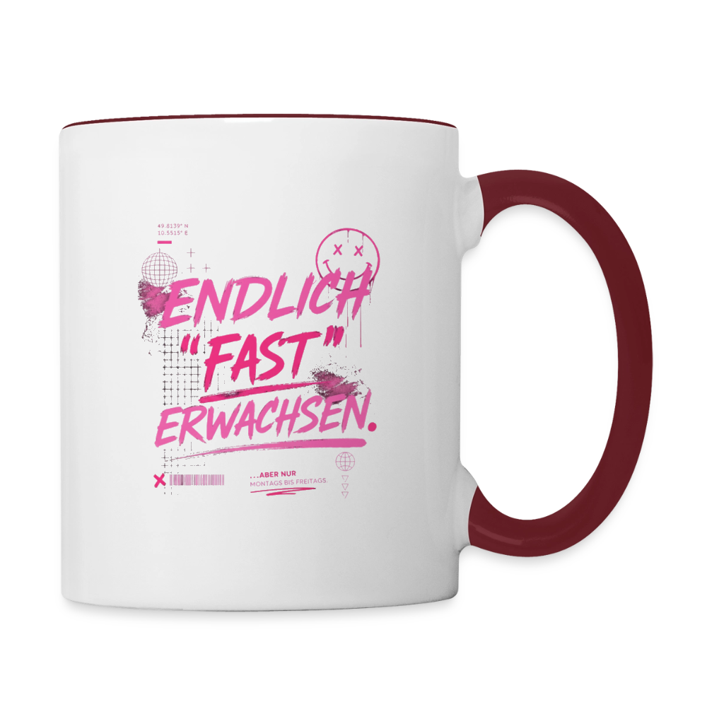 Tasse zweifarbig mit Statement "fast Erwachsen pink" - Weiß/Rotbraun