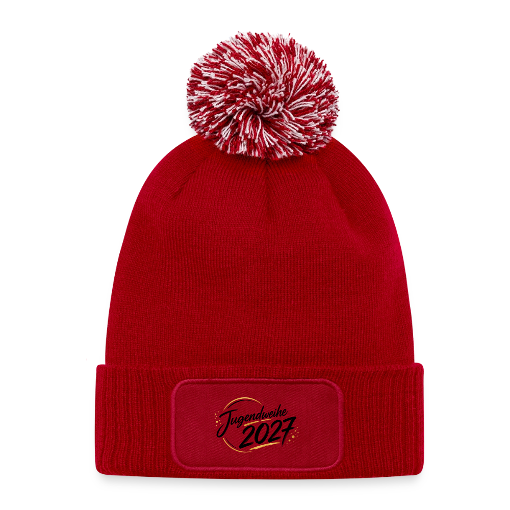 Strick Patch Beanie mit Bommel " Jahreslogo 2027" - Rot