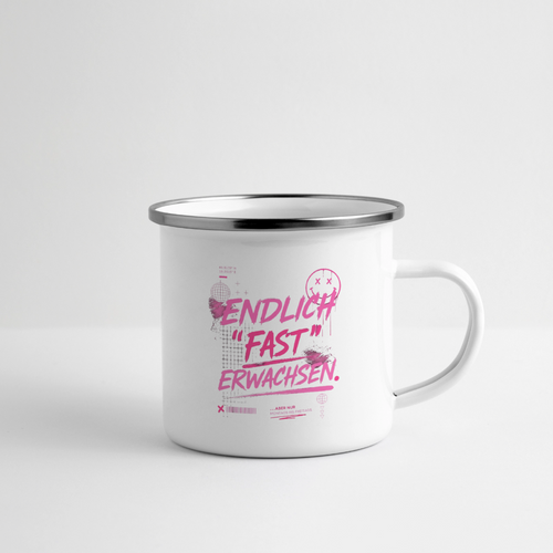 Emaille Becher ,Statement "fast Erwachsen pink" - Weiß