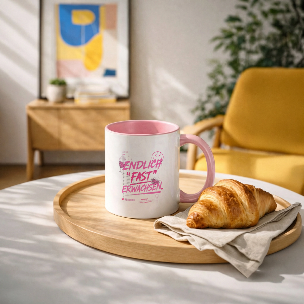 Tasse zweifarbig mit Statement "fast Erwachsen pink" - Weiß/Pink